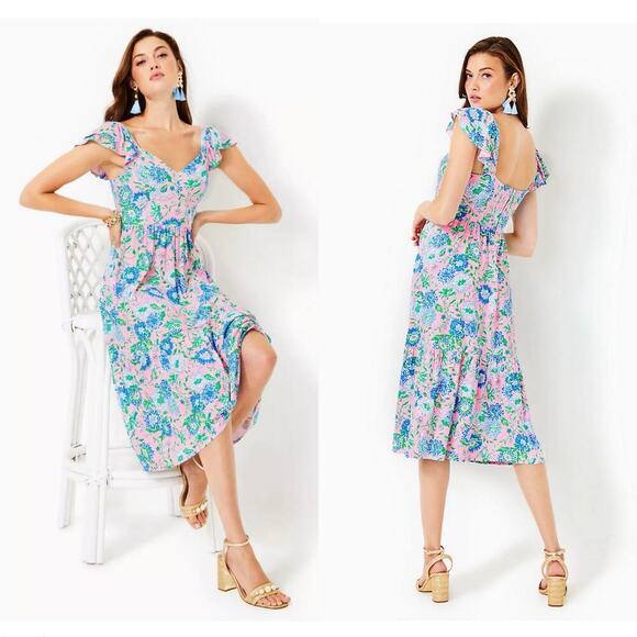 Lilly Pulitzer Bayleigh Flutter Sleeve Midi Dress Pink Floral Size 16 Feminine - Picture 1 of 7